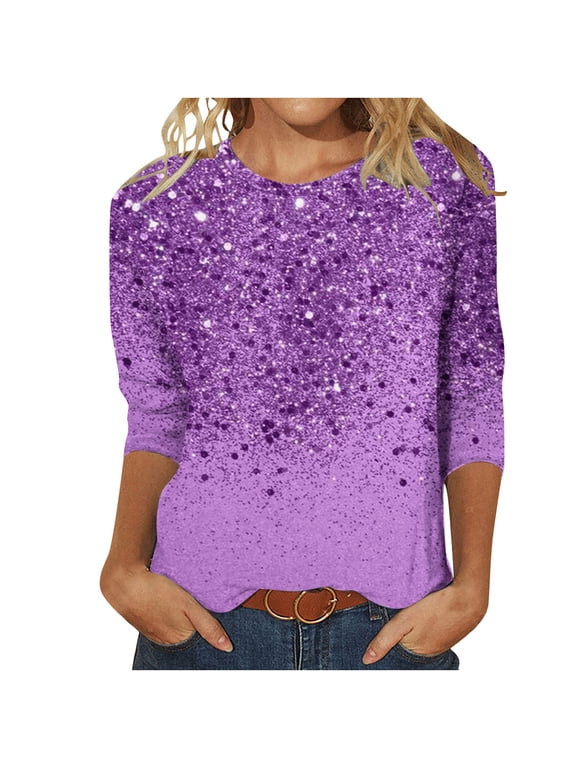 3/4 Sleeve Tops for Women Dressy Casual Blouses Fall Fashion Sparkle Sequin Printed Crew Neck Tunic T Shirts(Purple,XL)