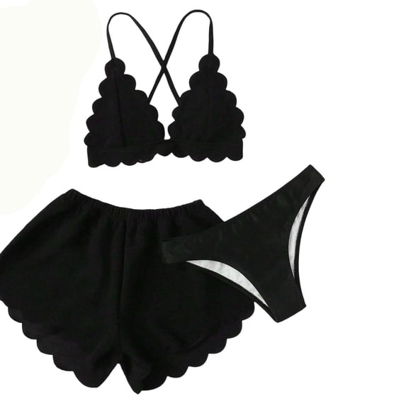 RYRJJ 3 Piece Swimsuits for Women Ruffle V-Neck Triangle Bikini Sets Vacation High Waisted Bathing Suit with Cover Up Shorts(Black,XL)