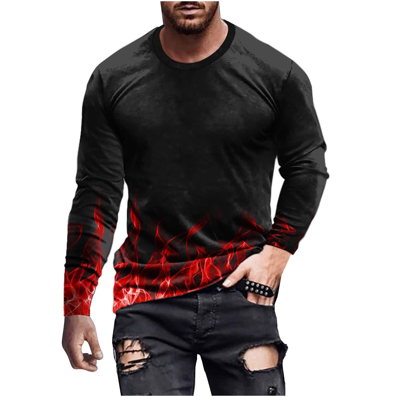 Shirts for Men Big And Tall Flame Print Round Neck Long Sleeve