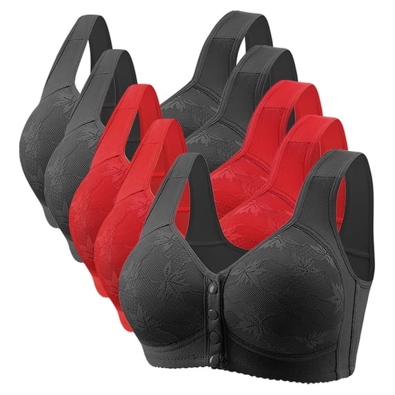 RYRJJ 5 Pack Bras for Women Full Coverage Front Closure No Underwire Bralette Front Easy Close Bra for Seniors Push up Wireless Bra