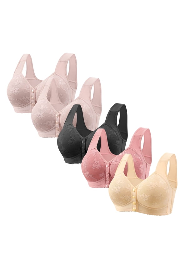 5 Pack Womens Daisy Bra Front Closure Sports Bras Plus Size Full Coverage Comfor Easy Close Bra Front Snap Button Everyday Bra