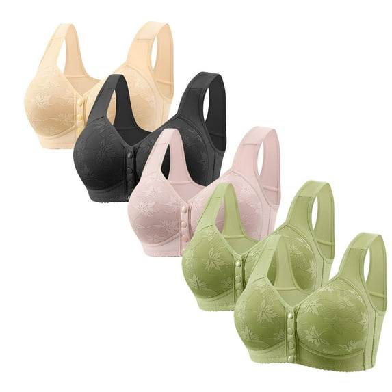 RYRJJ 5 Pack Womens Daisy Bra Front Closure Sports Bras Plus Size Full Coverage Comfor Easy Close Bra Front Snap Button Everyday Bra