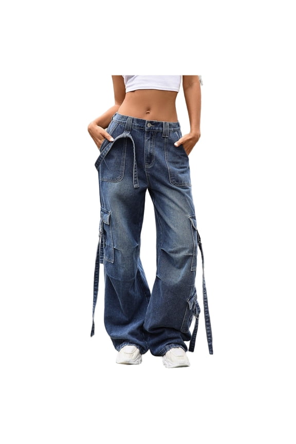Baggy Cargo Pants for Women Wide Leg Jeans Y2k Hip-Hop High Waisted Denim Pants Casual Streetwear Trousers with Multi Pockets(Blue;L)