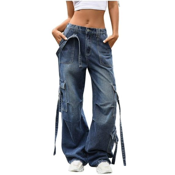 RYRJJ Baggy Cargo Pants for Women Wide Leg Jeans Y2k Hip-Hop High Waisted Denim Pants Casual Streetwear Trousers with Multi Pockets(Blue;M)