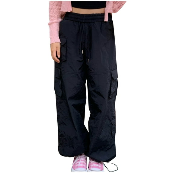 RYRJJ Baggy Parachute Pants for Women Drawstring Elastic Low Waist Ruched Cargo Pants Multiple Pockets Jogger Y2K Streetwear Pants(03#Black,L)