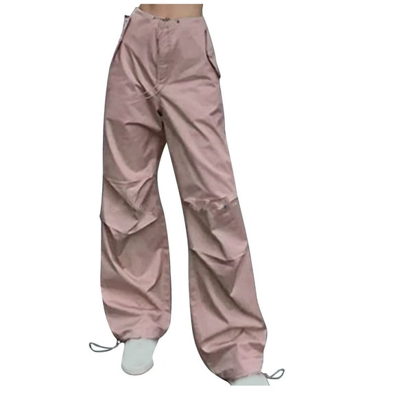RYRJJ Baggy Parachute Pants for Women Drawstring Elastic Low Waist Ruched Cargo Pants Multiple Pockets Jogger Y2K Streetwear Pants(Pink,L)