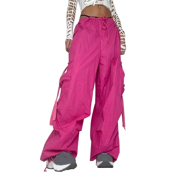 RYRJJ Baggy Parachute Pants for Women Drawstring Elastic Low Waist Ruched Cargo Pants Multiple Pockets Jogger Y2K Streetwear Pants(Pink,M)