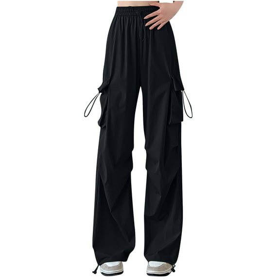 RYRJJ Baggy Parachute Pants for Women& Girls Drawstring Elastic High Waist Ruched Cargo Pants Multiple Pockets Jogger Y2K Wide Leg Trousers(Black,L)