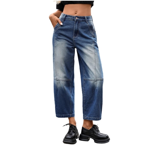 RYRJJ Barrel Jeans for Women Trendy High Waisted Wide Leg Baggy Cropped Boyfriend Stretch Denim Trouser Ankle Pants(Blue,M)