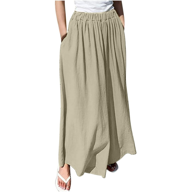 RYRJJ Beach Pants for Women Summer Trendy Wide Leg Linen Palazzo Pants  Dressy Casual Elastic Waisted Loose Fit Trousers(Khaki,M) 