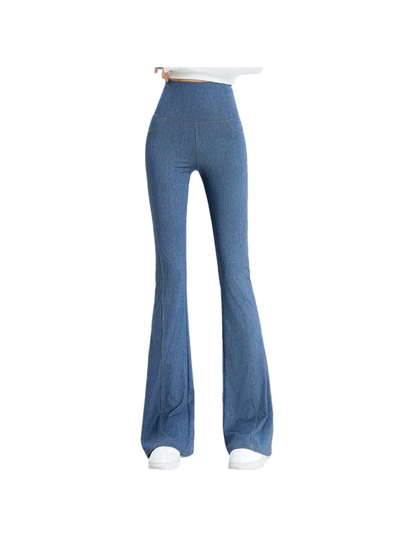 Bell Bottom Jeans for Women High Waisted Stretchy Pull On Flare Trousers Wide Leg Tummy Control Bootcut Pants(Blue,L)