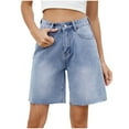 thumbnail image 1 of RYRJJ Bermuda Jean Shorts for Women Trendy High Rise Raw Hem Knee Length Stretchy Denim Long Shorts Summer Casual Jorts(Blue,S), 1 of 7