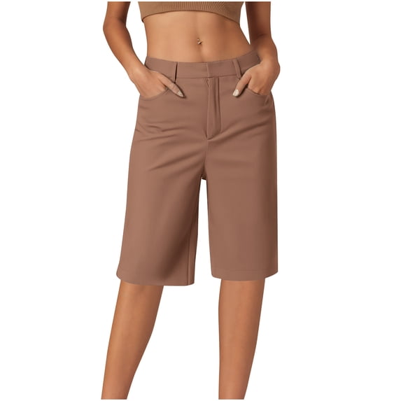 RYRJJ Bermuda Shorts for Women Trendy Casual Summer High Waisted Chino Shorts Loose Straight Leg Dressy Business Casual Work Shorts(Brown,M)