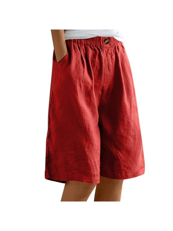 Bermuda Shorts for Women Wide Leg Cotton Linen Knee Length Summer Casual Long Shorts Loose High Waisted Short with Pockets(Red,XXL)