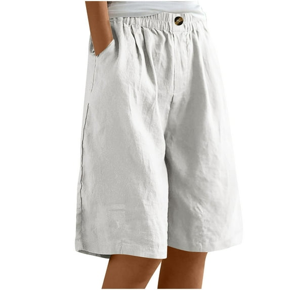RYRJJ Bermuda Shorts for Women Wide Leg Cotton Linen Knee Length Summer Casual Long Shorts Loose High Waisted Short with Pockets(White,XXL)