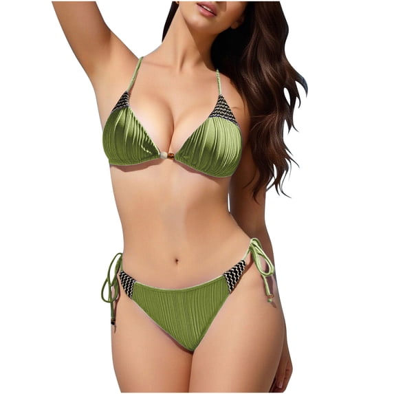 RYRJJ Bikini Sets for Women Two Piece Cheeky Bathing Suit Halter Triangle Bikinis String Tie Side Swimsuits(Green,S)