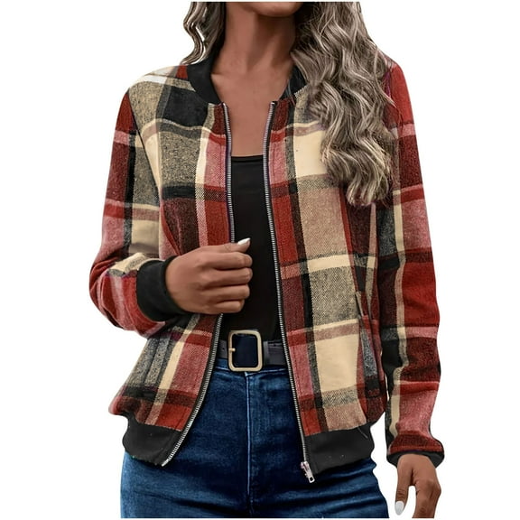 RYRJJ Bomber Jackets for Women Casual Stand Collar Zip Up Plaid Jacket Coat Lightweight Trendy Fall Fashion Outwear with Pocket(Orange,XXL)