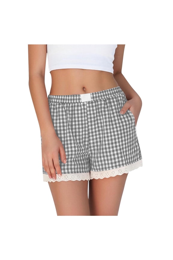 Boxer Shorts for Women Gingham Pajama Lounge Sleep Casual Striped Shorts Y2k Summer Lace Trim Beach Bottoms with Pockets(Gray,M)