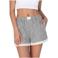 thumbnail image 1 of RYRJJ Boxer Shorts for Women Gingham Pajama Lounge Sleep Casual Striped Shorts Y2k Summer Lace Trim Beach Bottoms with Pockets(Gray,XL), 1 of 5