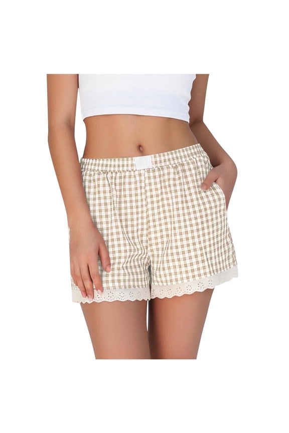 Boxer Shorts for Women Gingham Pajama Lounge Sleep Casual Striped Shorts Y2k Summer Lace Trim Beach Bottoms with Pockets(Khaki,L)