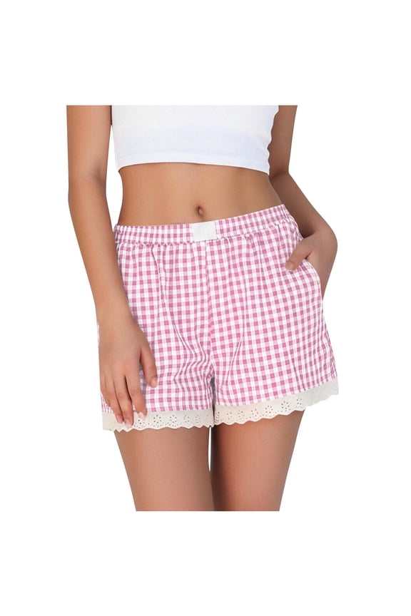 Boxer Shorts for Women Gingham Pajama Lounge Sleep Casual Striped Shorts Y2k Summer Lace Trim Beach Bottoms with Pockets(Pink,M)