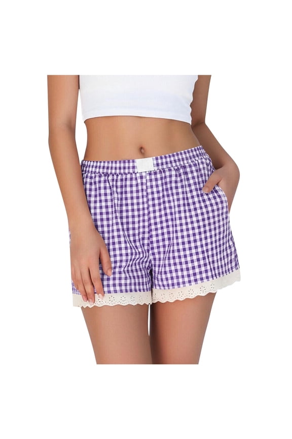 Boxer Shorts for Women Gingham Pajama Lounge Sleep Casual Striped Shorts Y2k Summer Lace Trim Beach Bottoms with Pockets(Purple,M)