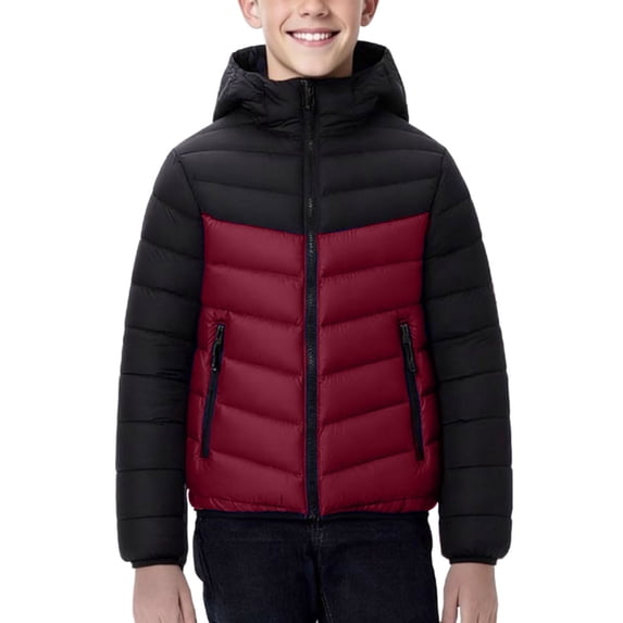 RYRJJ Boys Girls Color Block Hooded Puffer Jacket Full Zip Lightweight Quilted Padded Coat Kids Winter Warm Outerwear with Zipper Pockets