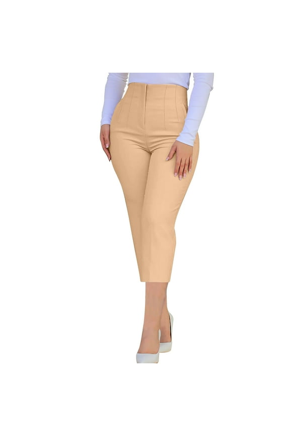 Business Work Pants for Women High Waist Pleated Dress Trousers Dressy Casual Pull-On Straight Leg Slim Fit Office Capri Slacks(Beige,L)