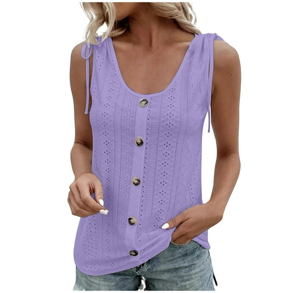 RYRJJ Button Down Tank Top for Women Loose Fit Sleeveless Crewneck Tops Dressy Casual Eyelet Summer Flowy Cami Shirts Blouse(Purple,S)