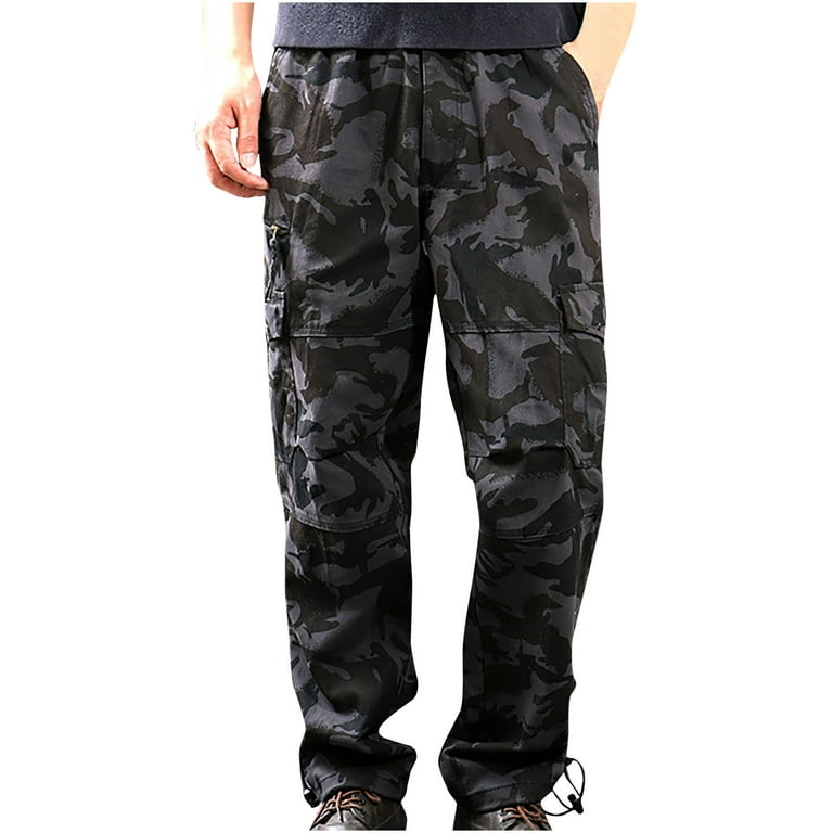 RYRJJ Camouflage Cargo Pants for Men Slim Causal Work Trousers Outdoor  Fishing Hiking Travel Pant Multi Pockets(Camouflage Black,M)