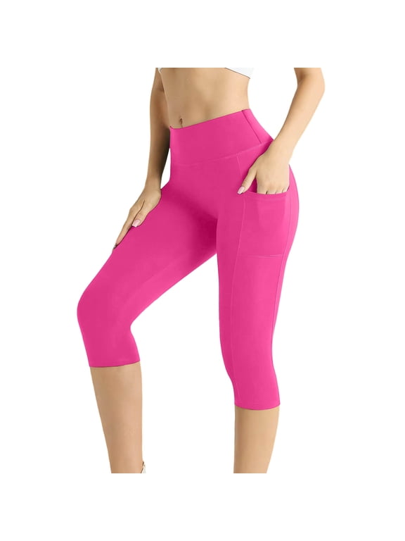 Capri Leggings for Women High Waisted Tummy Control Cropped Yoga Pants Stretchy Athletic Workout Leggings with Pockets(Hot Pink,M)