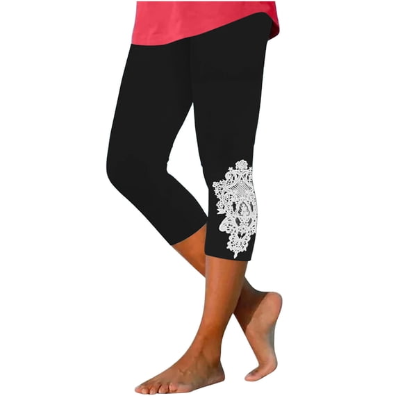 RYRJJ Capri Leggings for Women Summer Plus Size Capris Knee Length Casual Lace Hollow Workout Yoga Capri Pants Beach Cropped Pants