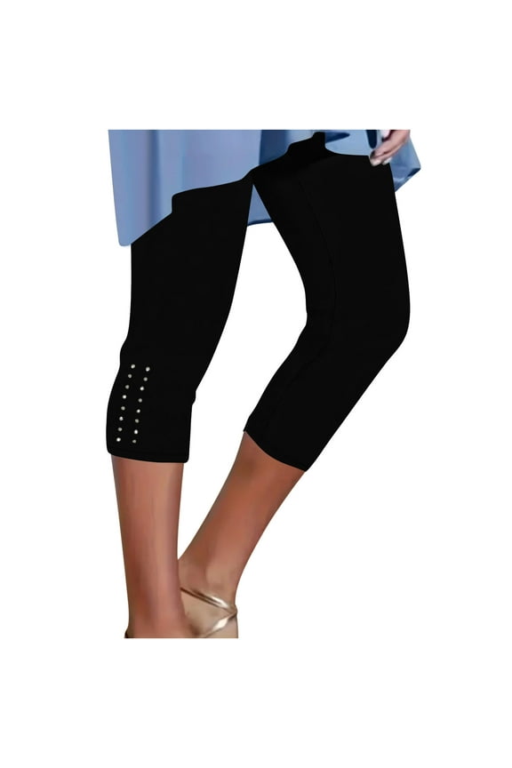 Capri Leggings for Women Summer Rhinestone Dressy Cropped High Waist Yoga Pants Stretchy Pull On Workout Leggings(Black,XXL)