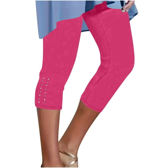 RYRJJ Capri Leggings for Women Summer Rhinestone Dressy Cropped High Waist Yoga Pants Stretchy Pull On Workout Leggings(Hot Pink,S)