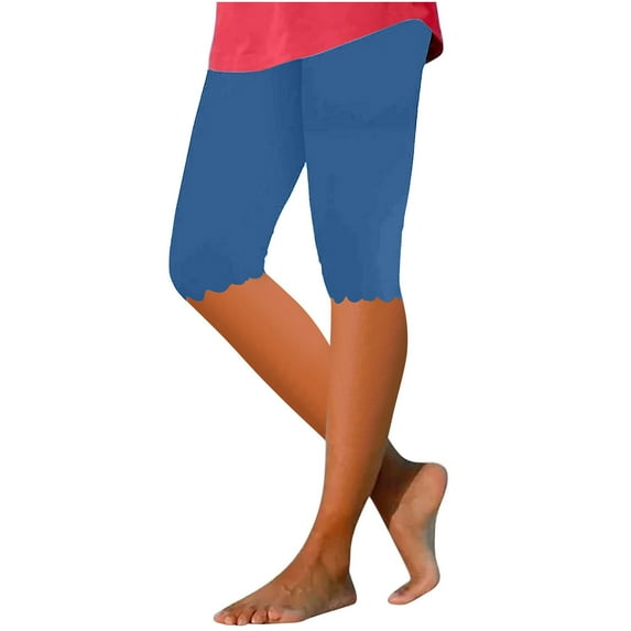 RYRJJ Capri Leggings for Women Summer Stretchy Capris Knee Length Casual Workout Yoga Capri Pants Beach Cropped Pants for Womens(Blue,XL)