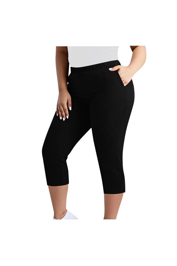 Capri Pants for Women Casual Pull On Strech Yoga Capris Work Jeggings Plus Size Workout Athletic Cropped Pants with Pockets(Black,XXXL)