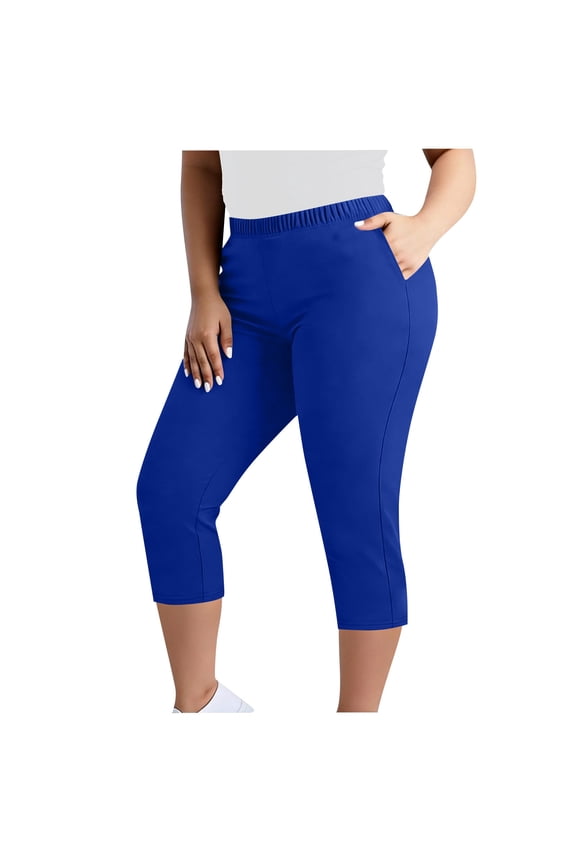 Capri Pants for Women Casual Pull On Strech Yoga Capris Work Jeggings Plus Size Workout Athletic Cropped Pants with Pockets(Blue,XXXL)