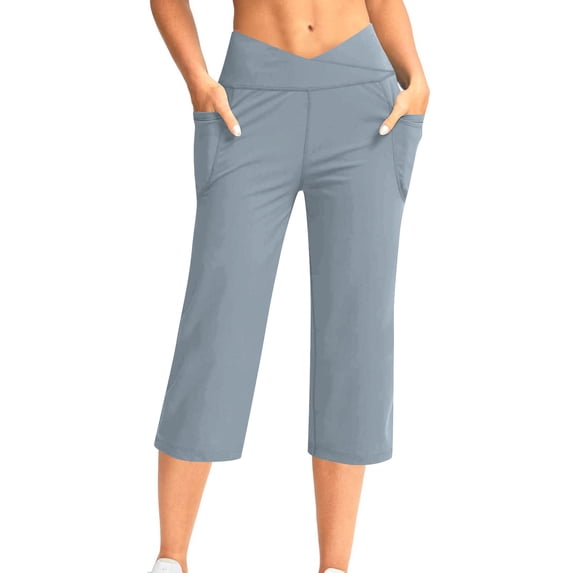 RYRJJ Capri Pants for Women Stretch High Waisted V Cross Wide Leg Crop Office Work Pants Summer Casual Capris Slacks Yoga Dress Pant(Dark Gray;L)