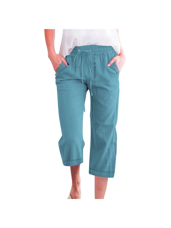 Capris Pants for Women Cotton Linen Straight Wide Leg Pant Summer Casual Drawstring Elastic Waist Loose Beach Cropped Trousers(Sky Blue,3XL)