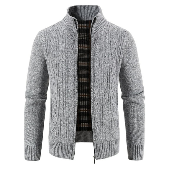 RYRJJ Cardigan Sweaters for Men Full Zip Soft Brushed Lined Slim Fit Knitted Sweater Jackets Stand Collar Outwear Coat with Pockets(Gray,XL)