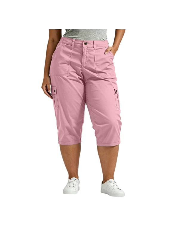 Cargo Capris for Women Plus Size Lightweight Straight Leg Pants Casual Summer Cropped Trousers for Travel Hiking Running(Pink,XL)