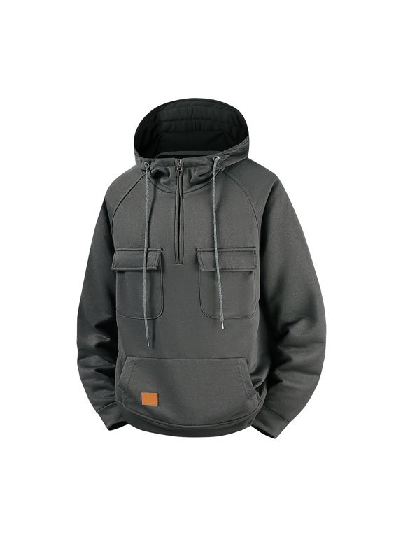 Cargo Hoodies for Men Tactical Sweatshirt Quarter Zip Drawstring Pullover Workout Gym Outdoor Hooded Tops with Multi Pockets(Gray,XXL)