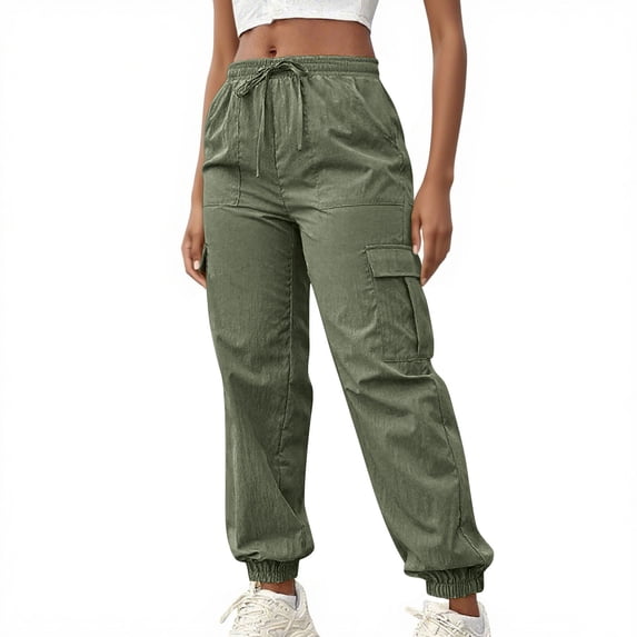 RYRJJ Cargo Pants Women Lightweight Joggers Sweatpants Drawstring Elastic Waisted Outdoor Hiking Trousers with Pockets(Green;S)