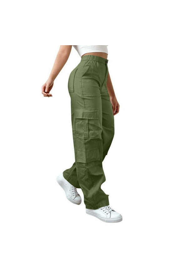 Cargo Pants for Women with Multi Pockets High Waisted Casual Hiking Work Pants Baggy Stretchy Straight Leg Trousers Y2K Streetwear(Army Green;L)
