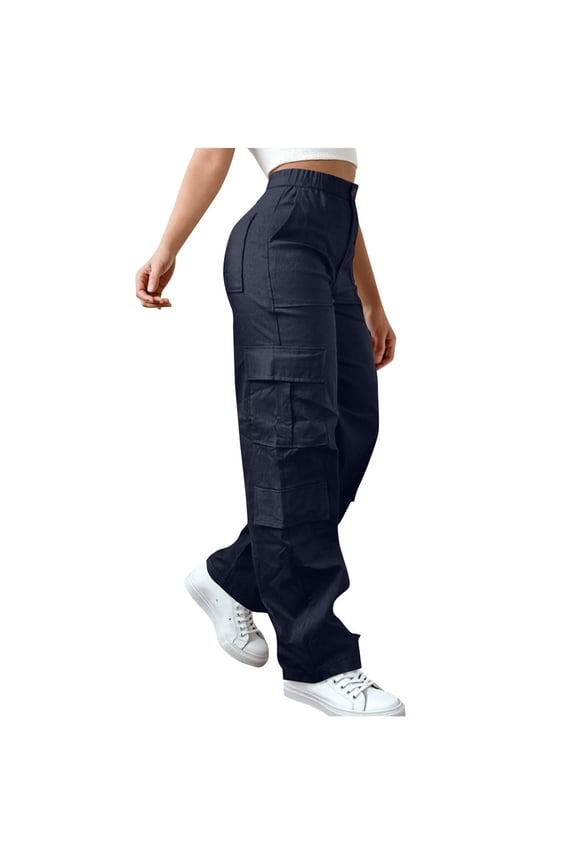 Cargo Pants for Women with Multi Pockets High Waisted Casual Hiking Work Pants Baggy Stretchy Straight Leg Trousers Y2K Streetwear(z1-Dark Blue,XXL)
