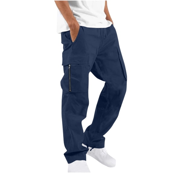 RYRJJ Cargo Pants for Men Solid Casual Multiple Pockets Outdoor Straight Type Fitness Pants Lightweight Outdoor Hiking Work Trousers(Navy,XL)