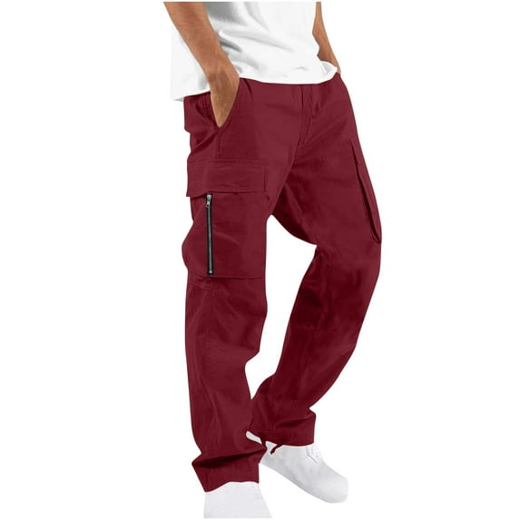 RYRJJ Cargo Pants for Men Solid Casual Multiple Pockets Outdoor Straight Type Fitness Pants Lightweight Outdoor Hiking Work Trousers(Wine,M)