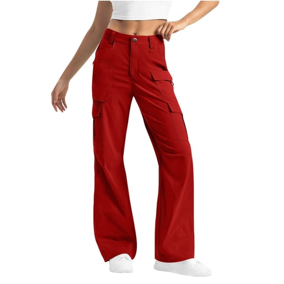 RYRJJ Cargo Pants for Women High Waisted Casual Parachute Pants Baggy Stretchy Wide Leg Y2K Streetwear Trousers with Multi Pockets(Red,XXL)