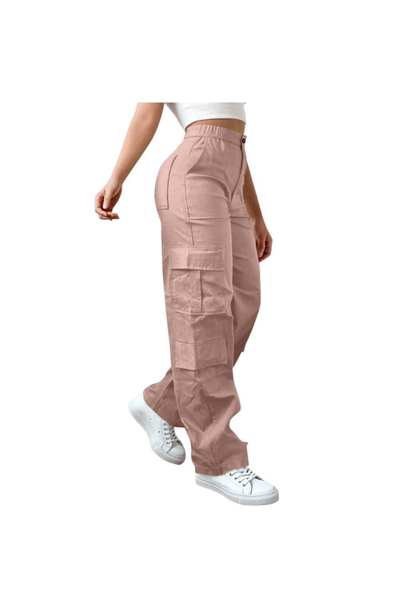 Cargo Pants for Women with Multi Pockets High Waisted Casual Hiking Work Pants Baggy Stretchy Straight Leg Trousers Y2K Streetwear(Pink;XXL)