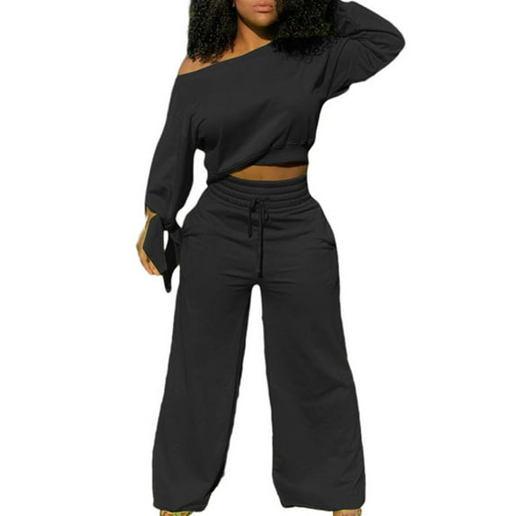 RYRJJ Casual 2 Piece Outfits for Women Off One Shoulder Long Sleeve Sweatsuit Jogging Long Pants Sets Tracksuit with Pockets(Black,L)